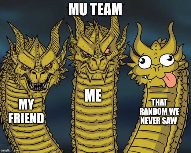 You identify? | MU TEAM; ME; MY FRIEND; THAT RANDOM WE NEVER SAW | image tagged in three-headed dragon | made w/ Imgflip meme maker