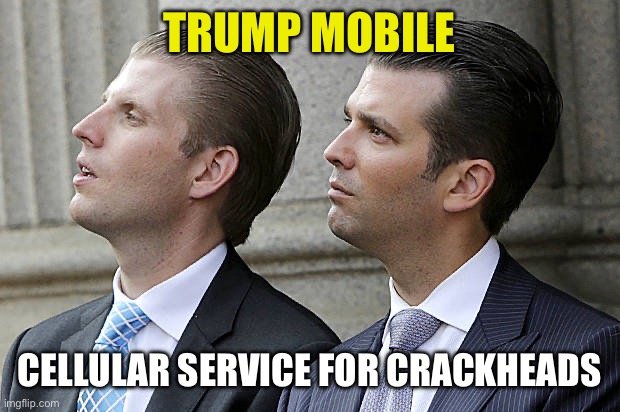 Trump Sons | TRUMP MOBILE; CELLULAR SERVICE FOR CRACKHEADS | image tagged in trump sons | made w/ Imgflip meme maker