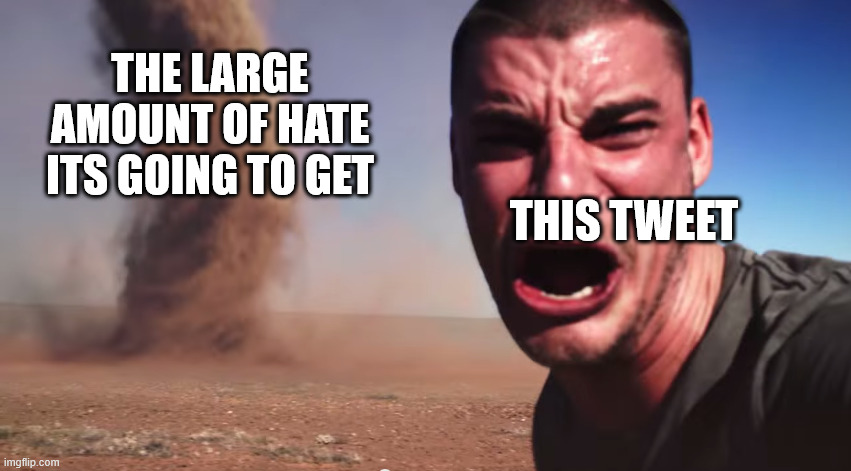 Post this on any really hot take | THIS TWEET; THE LARGE AMOUNT OF HATE ITS GOING TO GET | image tagged in here it comes | made w/ Imgflip meme maker