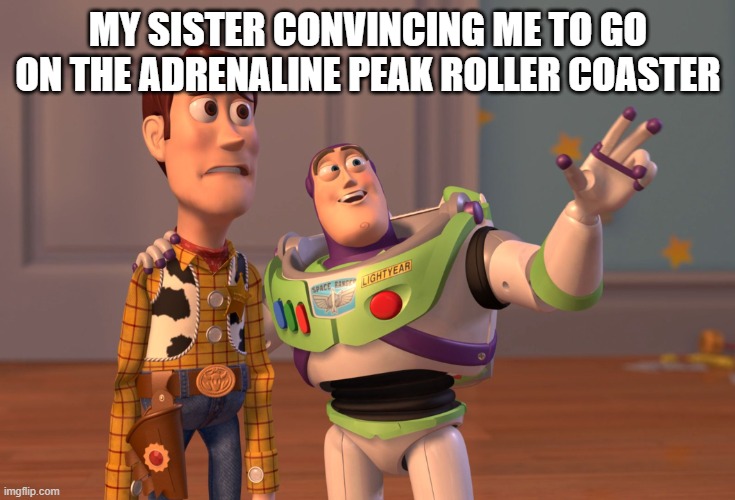 X, X Everywhere | MY SISTER CONVINCING ME TO GO ON THE ADRENALINE PEAK ROLLER COASTER | image tagged in memes,x x everywhere | made w/ Imgflip meme maker