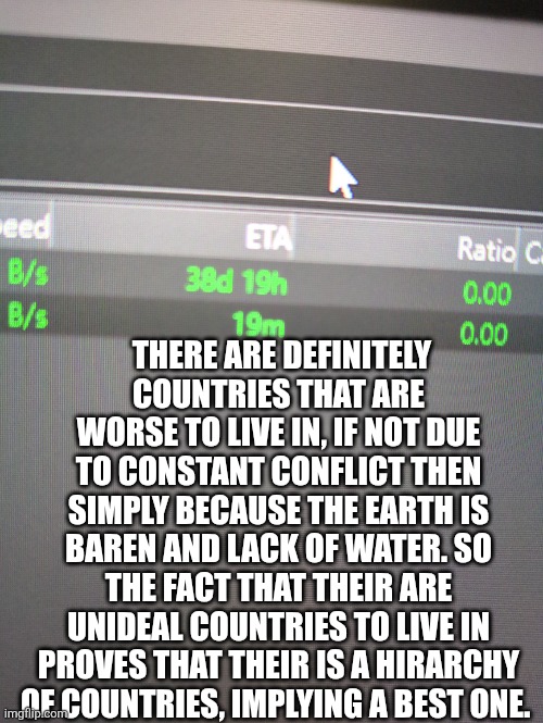 THERE ARE DEFINITELY COUNTRIES THAT ARE WORSE TO LIVE IN, IF NOT DUE TO CONSTANT CONFLICT THEN SIMPLY BECAUSE THE EARTH IS BAREN AND LACK OF WATER. SO THE FACT THAT THEIR ARE UNIDEAL COUNTRIES TO LIVE IN PROVES THAT THEIR IS A HIRARCHY OF COUNTRIES, IMPLYING A BEST ONE. | made w/ Imgflip meme maker