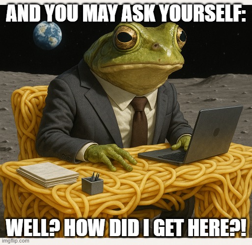 Ever felt like you were just another Corporate Moon Frog? | AND YOU MAY ASK YOURSELF:; WELL? HOW DID I GET HERE?! | image tagged in spaghetti desk,moon frog | made w/ Imgflip meme maker