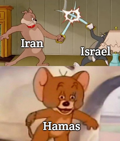Tom and Jerry swordfight | Iran; Israel; Hamas | image tagged in tom and jerry swordfight | made w/ Imgflip meme maker