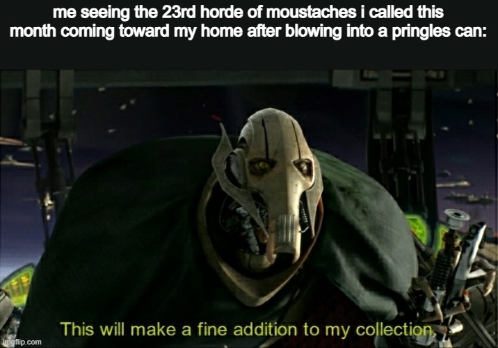 This will make a fine addition to my collection | me seeing the 23rd horde of moustaches i called this month coming toward my home after blowing into a pringles can: | image tagged in this will make a fine addition to my collection | made w/ Imgflip meme maker
