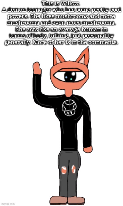 Willow | This is Willow. 
A demon teenager who has some pretty cool powers. She likes mushrooms and more mushrooms and even more mushrooms. She acts like an average human in terms of body, talking, just personality generally. More of her is in the comments. | image tagged in dont choke on the product | made w/ Imgflip meme maker
