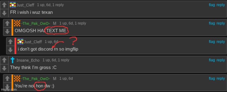 Evidence #1. Mentions of Texting and Discord. Often tactics used by groomers. However could just be overexcitement. | made w/ Imgflip meme maker