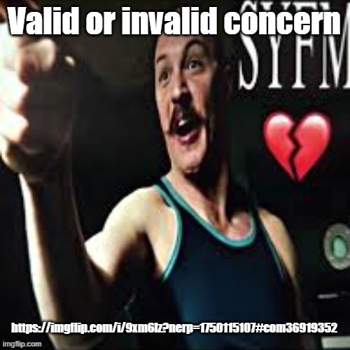 https://imgflip.com/i/9xm6lz?nerp=1750115107#com36919352 | Valid or invalid concern; https://imgflip.com/i/9xm6lz?nerp=1750115107#com36919352 | image tagged in charles bronson syfm | made w/ Imgflip meme maker