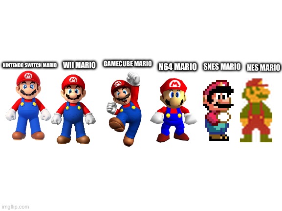 Mario Evolution | GAMECUBE MARIO; SNES MARIO; WII MARIO; N64 MARIO; NINTENDO SWITCH MARIO; NES MARIO | image tagged in blank white template,mario,wii,n64,nintendo switch | made w/ Imgflip meme maker