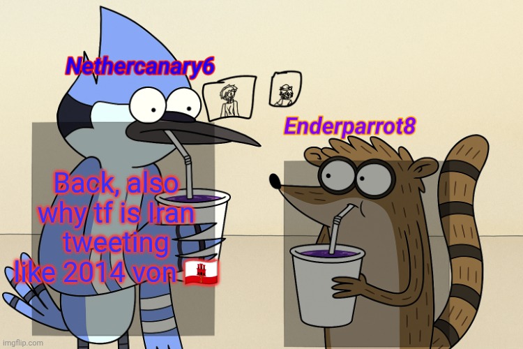 ender and nether regular lean temp | Back, also why tf is Iran tweeting like 2014 von 🇬🇮 | image tagged in ender and nether regular lean temp | made w/ Imgflip meme maker