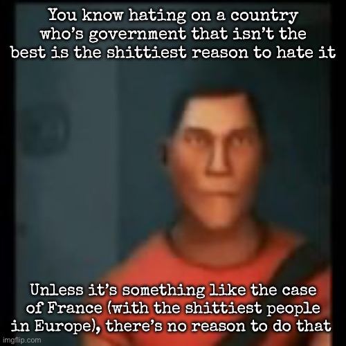 Disappointed Scout | You know hating on a country who’s government that isn’t the best is the shittiest reason to hate it; Unless it’s something like the case of France (with the shittiest people in Europe), there’s no reason to do that | image tagged in disappointed scout,msmg | made w/ Imgflip meme maker