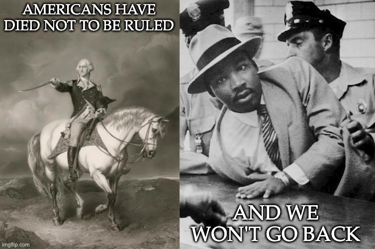 With lots of love, because "The arc of the moral universe is long, but it bends towards justice." | AMERICANS HAVE DIED NOT TO BE RULED AND WE WON'T GO BACK | image tagged in adventures of george washington,love,justice,heroes | made w/ Imgflip meme maker