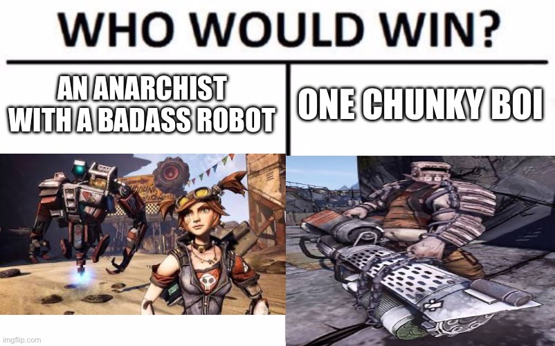 Who Would Win? | AN ANARCHIST WITH A BADASS ROBOT; ONE CHUNKY BOI | image tagged in memes,who would win | made w/ Imgflip meme maker