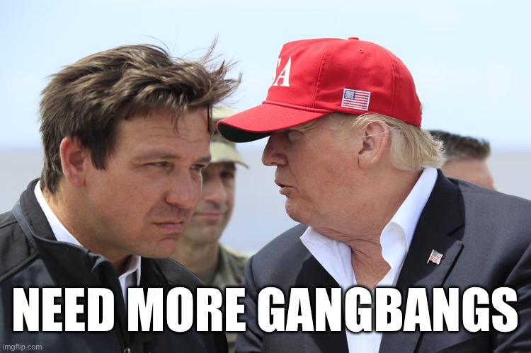 Trump and DeSantis | NEED MORE GANGBANGS | image tagged in trump and desantis | made w/ Imgflip meme maker