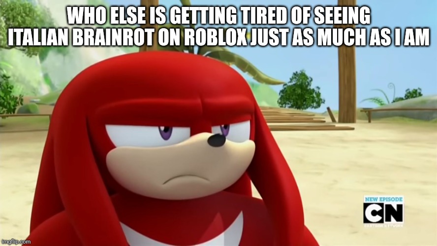 Comment if you are also getting tired of it (Italian brainrot needs to go away) | WHO ELSE IS GETTING TIRED OF SEEING ITALIAN BRAINROT ON ROBLOX JUST AS MUCH AS I AM | image tagged in knuckles is not impressed - sonic boom | made w/ Imgflip meme maker