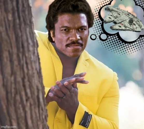 FYMW smuggler you lost ship to in a game of cards shows up to your city to be froze in carbonite and given to a bounty hunter | image tagged in the empire strikes back,lando calrissian,millennium falcon,black guy hiding behind tree | made w/ Imgflip meme maker