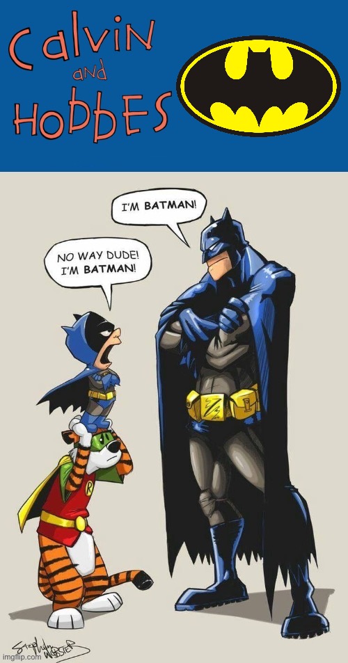 The pint-sized Caped Crusader and his loyal sidekick… | image tagged in calvin and hobbes,batman,robin,crossover | made w/ Imgflip meme maker