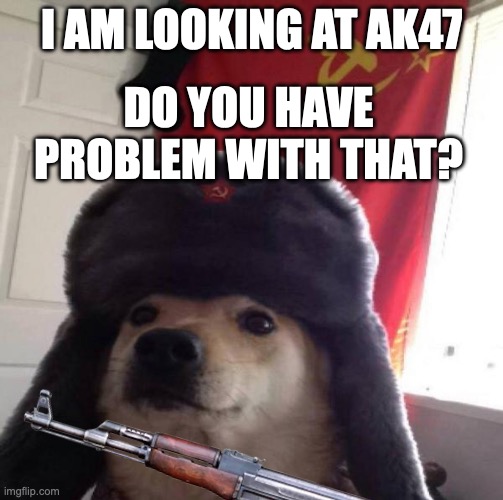Russian Doge | I AM LOOKING AT AK47 DO YOU HAVE PROBLEM WITH THAT? | image tagged in russian doge | made w/ Imgflip meme maker