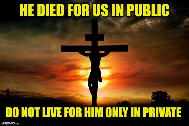 Jesus on the cross | HE DIED FOR US IN PUBLIC; DO NOT LIVE FOR HIM ONLY IN PRIVATE | image tagged in jesus on the cross | made w/ Imgflip meme maker