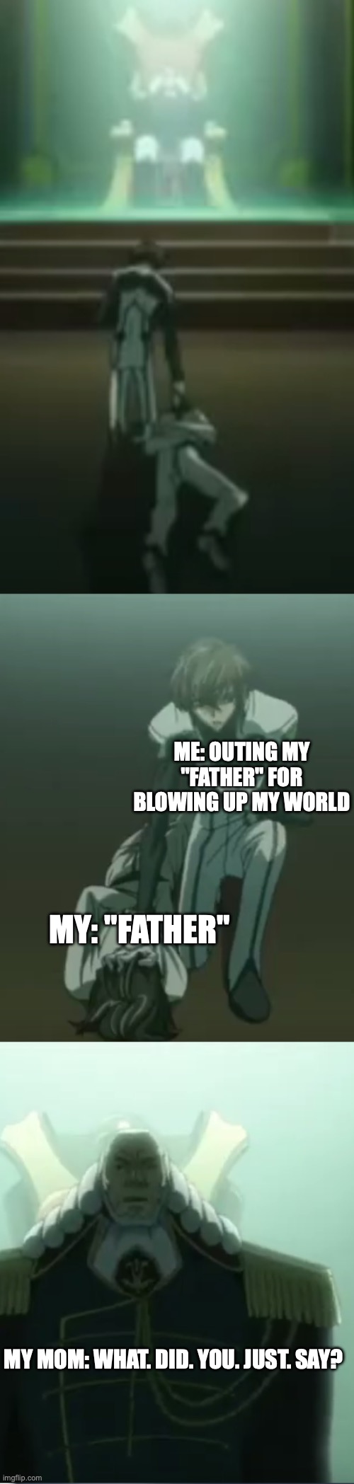 Code Geass | ME: OUTING MY "FATHER" FOR BLOWING UP MY WORLD; MY: "FATHER"; MY MOM: WHAT. DID. YOU. JUST. SAY? | image tagged in code geass,minecraft,abouse,horrible parents | made w/ Imgflip meme maker