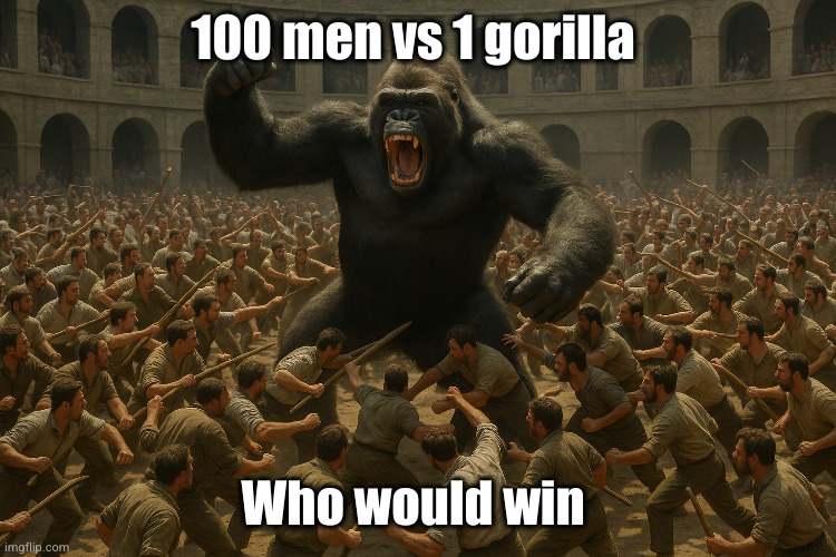 100 men ez | 100 men vs 1 gorilla; Who would win | image tagged in 100 men vs gorilla | made w/ Imgflip meme maker