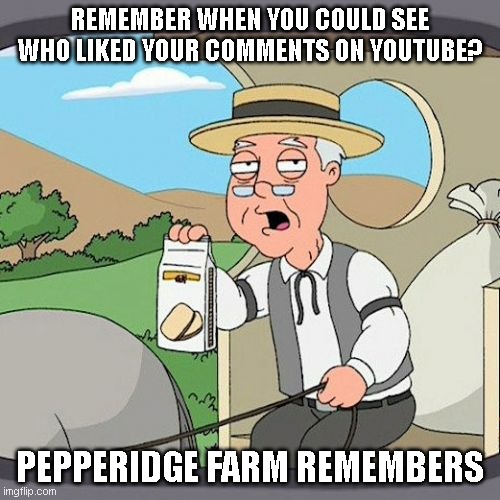 Pepperidge Farm Remembers | REMEMBER WHEN YOU COULD SEE WHO LIKED YOUR COMMENTS ON YOUTUBE? PEPPERIDGE FARM REMEMBERS | image tagged in memes,pepperidge farm remembers | made w/ Imgflip meme maker