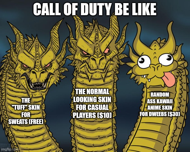 Why call of duty be glazing the kawaii skins now? | CALL OF DUTY BE LIKE; THE NORMAL LOOKING SKIN FOR CASUAL PLAYERS ($10); RANDOM ASS KAWAII ANIME SKIN FOR DWEEBS ($30); THE "TUFF" SKIN FOR SWEATS (FREE) | image tagged in three-headed dragon | made w/ Imgflip meme maker