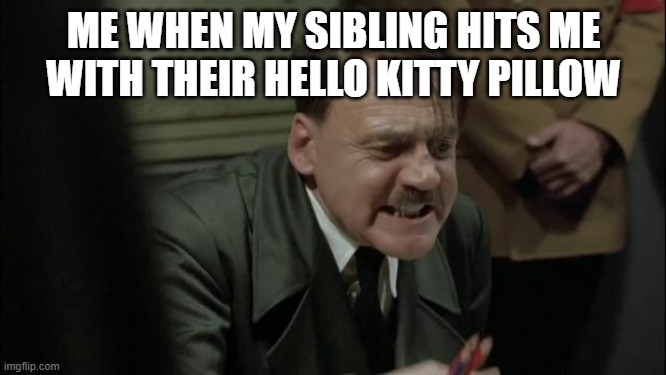 Downfall Hitler | ME WHEN MY SIBLING HITS ME WITH THEIR HELLO KITTY PILLOW | image tagged in downfall hitler | made w/ Imgflip meme maker