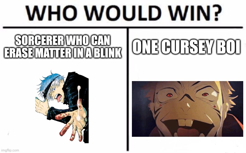 Who Would Win? | SORCERER WHO CAN ERASE MATTER IN A BLINK; ONE CURSEY BOI | image tagged in memes,who would win | made w/ Imgflip meme maker