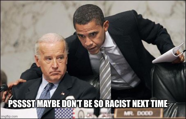 Goofy ahhh president | PSSSST MAYBE DON’T BE SO RACIST NEXT TIME | image tagged in obama coaches biden | made w/ Imgflip meme maker