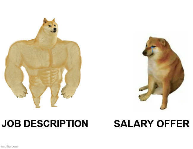 Buff Doge vs. Cheems | JOB DESCRIPTION; SALARY OFFER | image tagged in memes,buff doge vs cheems | made w/ Imgflip meme maker