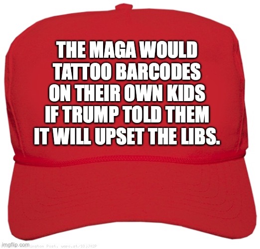 MAGA CROWD BRAINWASHING | THE MAGA WOULD TATTOO BARCODES ON THEIR OWN KIDS IF TRUMP TOLD THEM IT WILL UPSET THE LIBS. | image tagged in blank red maga hat,trump,conservatives,republicans,right wing,maga | made w/ Imgflip meme maker