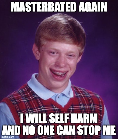 I fucking hate myself | MASTERBATED AGAIN; I WILL SELF HARM AND NO ONE CAN STOP ME | image tagged in memes,bad luck brian,i know fuck me right,self,hate | made w/ Imgflip meme maker