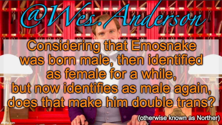 Wes.Anderson temp | Considering that Emosnake was born male, then identified as female for a while, but now identifies as male again, does that make him double trans? | image tagged in wes anderson temp | made w/ Imgflip meme maker