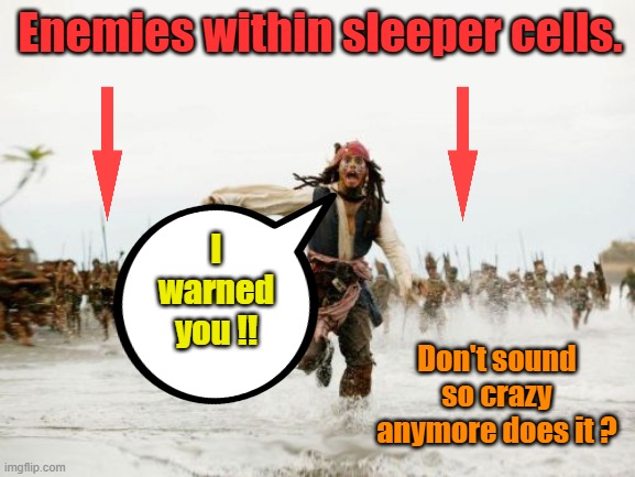 JACK tried to warn you. You laughed & called him crazy. PBS " The man who knew" | Enemies within sleeper cells. I warned you !! Don't sound so crazy anymore does it ? | image tagged in memes,jack sparrow being chased | made w/ Imgflip meme maker