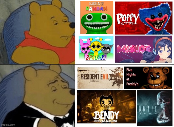 Horror Games Now vs Then | image tagged in memes,tuxedo winnie the pooh | made w/ Imgflip meme maker