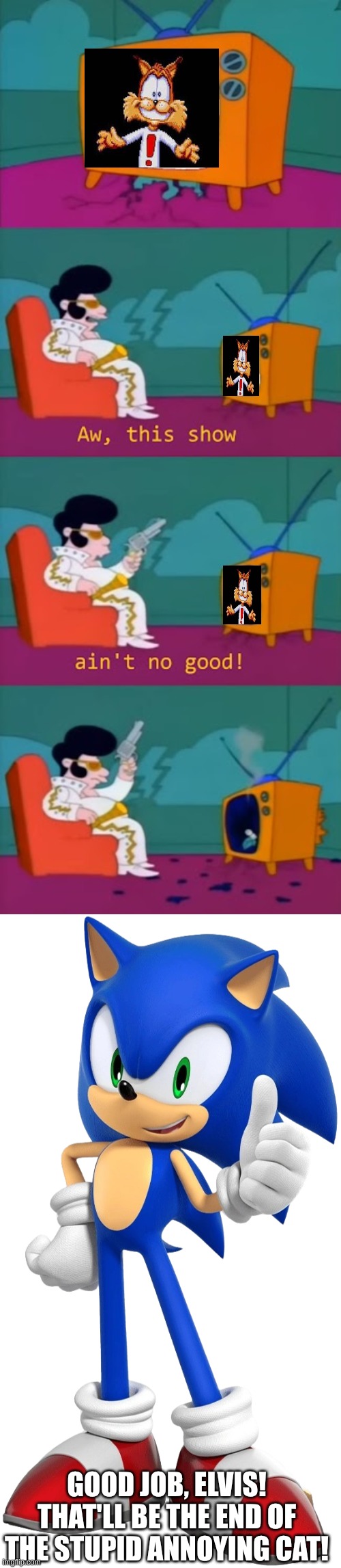 Bye-bye, Bubsy! | GOOD JOB, ELVIS! THAT'LL BE THE END OF THE STUPID ANNOYING CAT! | image tagged in memes,the simpsons,elvis,bubsy,sonic the hedgehog,bubsy sucks | made w/ Imgflip meme maker