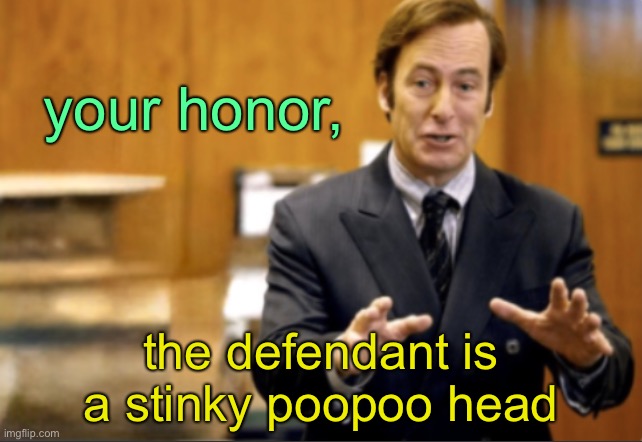 Saul Goodman defending | your honor, the defendant is a stinky poopoo head | image tagged in saul goodman defending | made w/ Imgflip meme maker