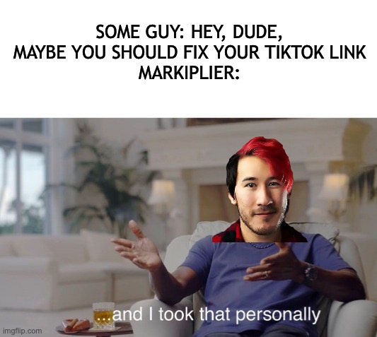 He said it himself on stream! | SOME GUY: HEY, DUDE, MAYBE YOU SHOULD FIX YOUR TIKTOK LINK
MARKIPLIER: | image tagged in and i took that personally,markiplier,fnaf,youtube,tiktok,gaming | made w/ Imgflip meme maker