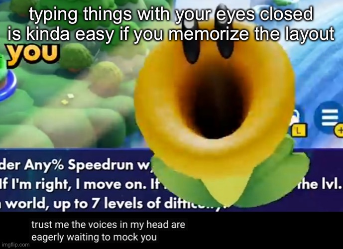 trust me the voices in my head are eagerly waiting to mock you | typing things with your eyes closed is kinda easy if you memorize the layout | image tagged in trust me the voices in my head are eagerly waiting to mock you | made w/ Imgflip meme maker