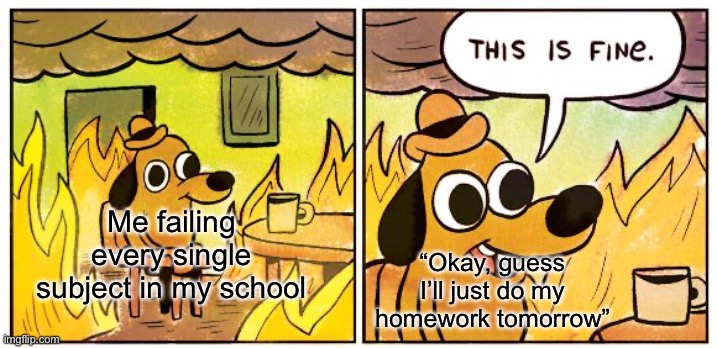 This Is Fine | Me failing every single subject in my school; “Okay, guess I’ll just do my homework tomorrow” | image tagged in memes,this is fine | made w/ Imgflip meme maker