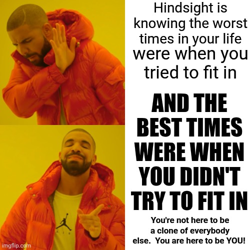 Good Advice Comes From Experience | Hindsight is knowing the worst times in your life; were when you tried to fit in; AND THE BEST TIMES WERE WHEN YOU DIDN'T TRY TO FIT IN; You're not here to be a clone of everybody else.  You are here to be YOU! | image tagged in memes,drake hotline bling,good advice,be yourself,knowledge is power,now you know and knowing is half the battle | made w/ Imgflip meme maker