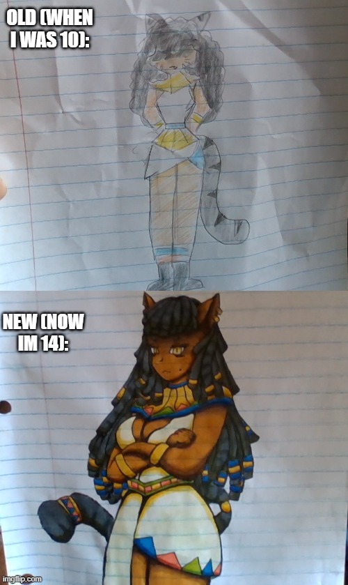 I found a very old drawing of a character i made (named Kleo) when i was ten. so i redrew her. | OLD (WHEN I WAS 10):; NEW (NOW IM 14): | made w/ Imgflip meme maker