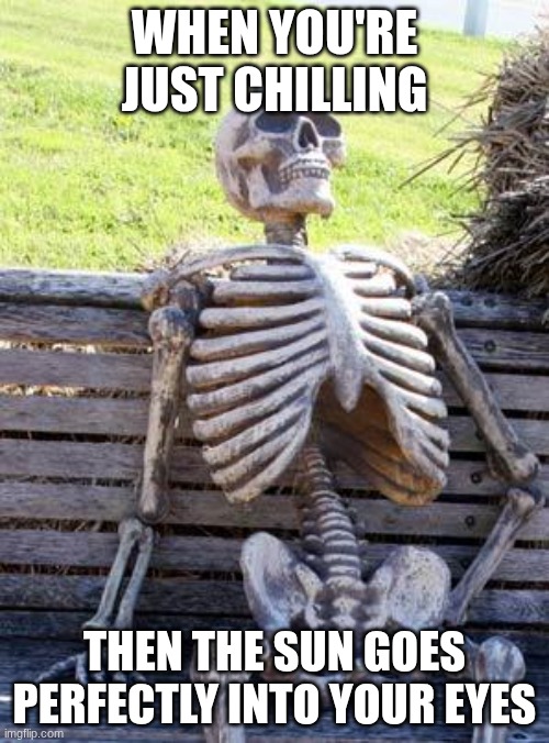 The Sun | WHEN YOU'RE JUST CHILLING; THEN THE SUN GOES PERFECTLY INTO YOUR EYES | image tagged in memes,waiting skeleton | made w/ Imgflip meme maker
