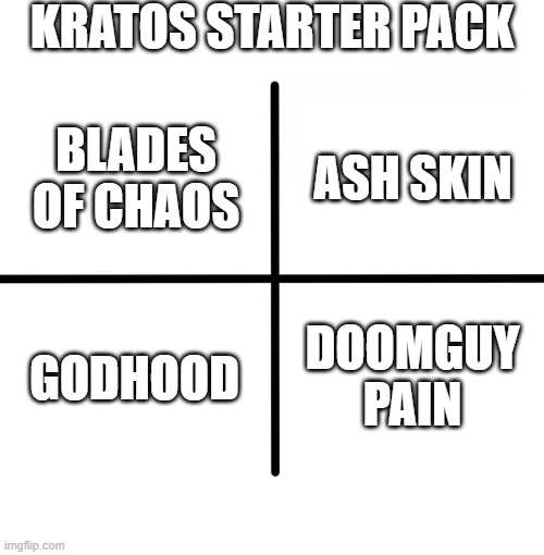 Kratos starter pack | KRATOS STARTER PACK; ASH SKIN; BLADES OF CHAOS; GODHOOD; DOOMGUY PAIN | image tagged in memes | made w/ Imgflip meme maker