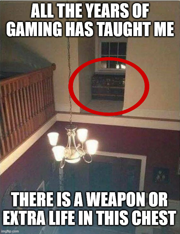 Looking for a bonus | ALL THE YEARS OF GAMING HAS TAUGHT ME; THERE IS A WEAPON OR EXTRA LIFE IN THIS CHEST | image tagged in gaming,bonus | made w/ Imgflip meme maker