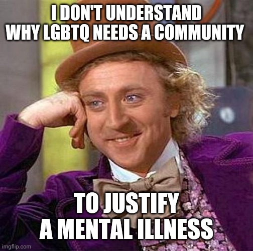 But why would you? | I DON'T UNDERSTAND WHY LGBTQ NEEDS A COMMUNITY; TO JUSTIFY A MENTAL ILLNESS | image tagged in memes,creepy condescending wonka | made w/ Imgflip meme maker
