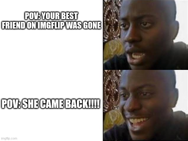 Thatdumbshityeetman girl, I missed you so much!! | POV: YOUR BEST FRIEND ON IMGFLIP WAS GONE; POV: SHE CAME BACK!!!! | image tagged in sad then happy,happy | made w/ Imgflip meme maker