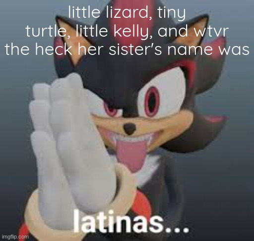 latinas... | little lizard, tiny turtle, little kelly, and wtvr the heck her sister's name was | image tagged in latinas | made w/ Imgflip meme maker