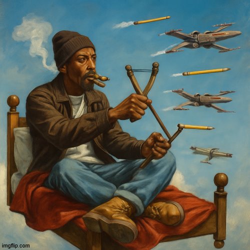 rakim smoking a blunt on a flying bed shooting pencils at x wings with a slingshot | made w/ Imgflip meme maker