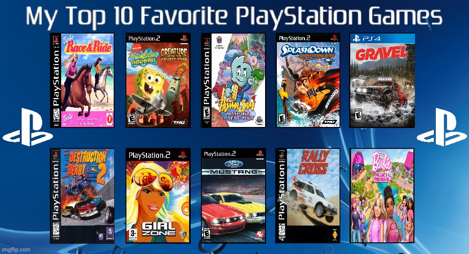 My Top 10 PlayStation Games | image tagged in playstation,barbie,girls,horse,feminine,spongebob | made w/ Imgflip meme maker